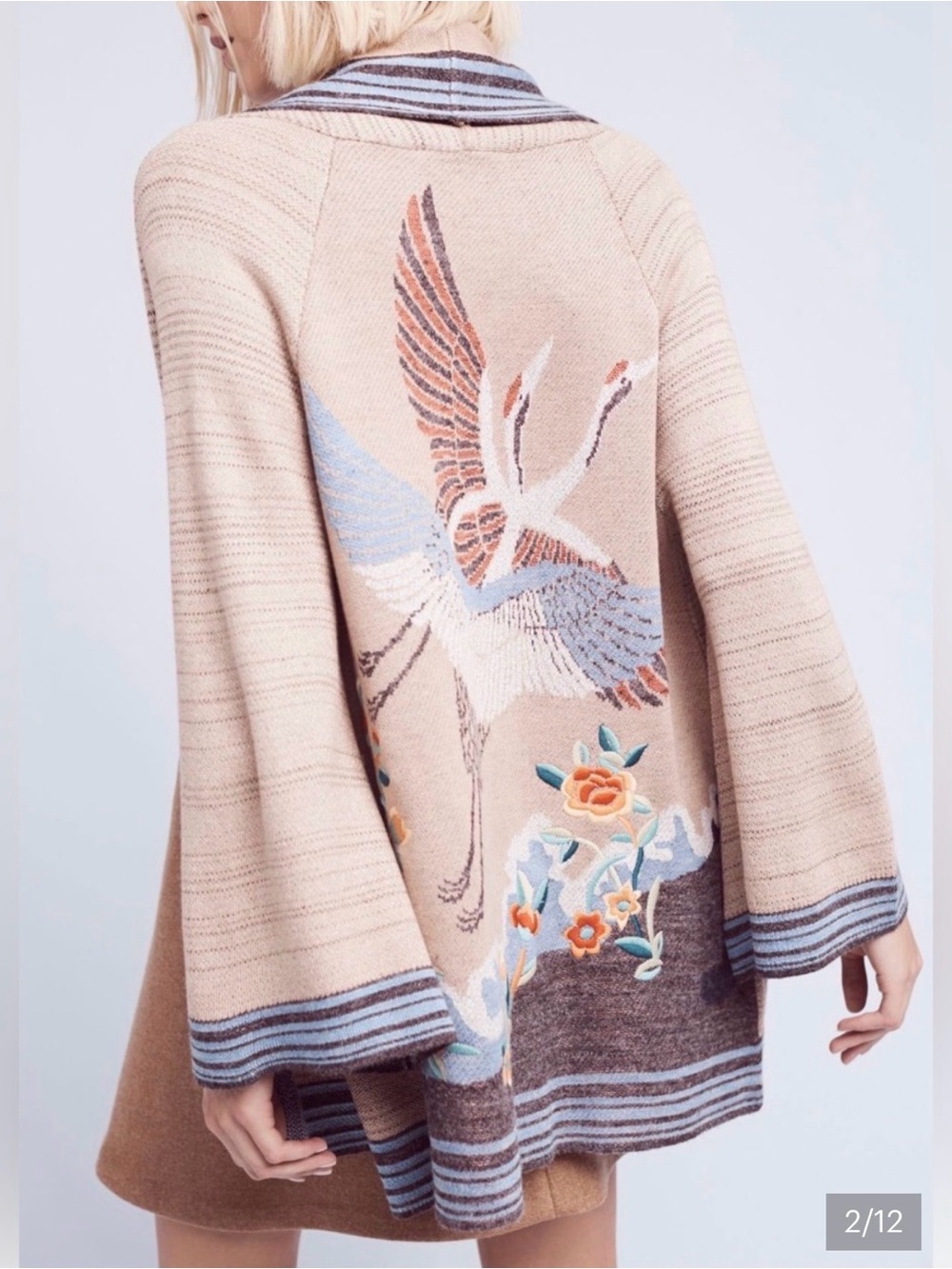 Beige Crane Embroidered Open-Front Women's Sweater